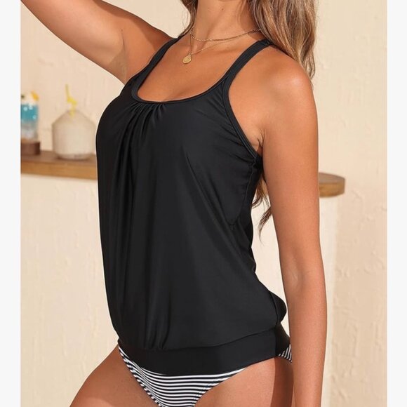 Black Stripe Blouson Two Piece Tankini Swimsuits for Women Tummy Control 18 PLUS - Picture 5 of 6